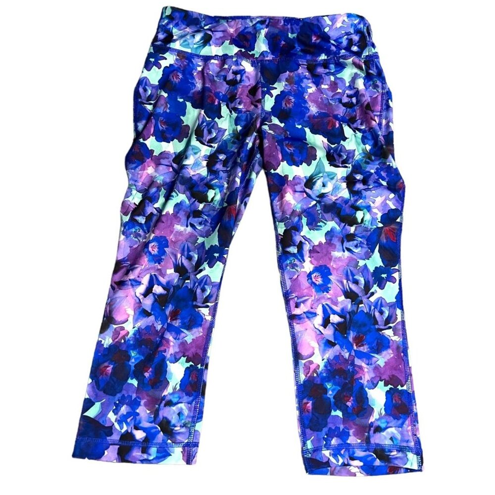 Danskin Now Womens Floral Capri Leggings S 4-6 Polyester/Spandex Blue & Purple